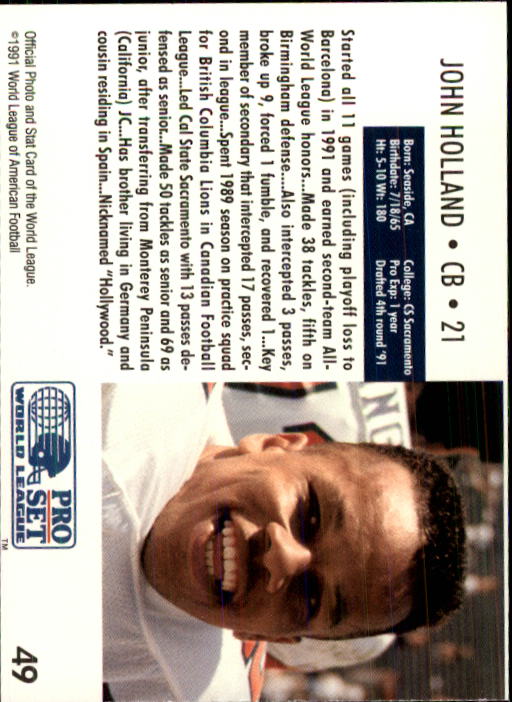 1991 Pro Set WLAF 150 #49 John Holland back image
