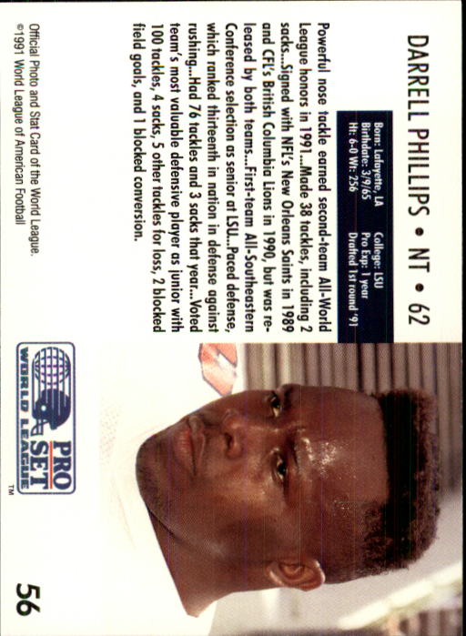 1991 Pro Set WLAF 150 #56 Darrell Phillips back image