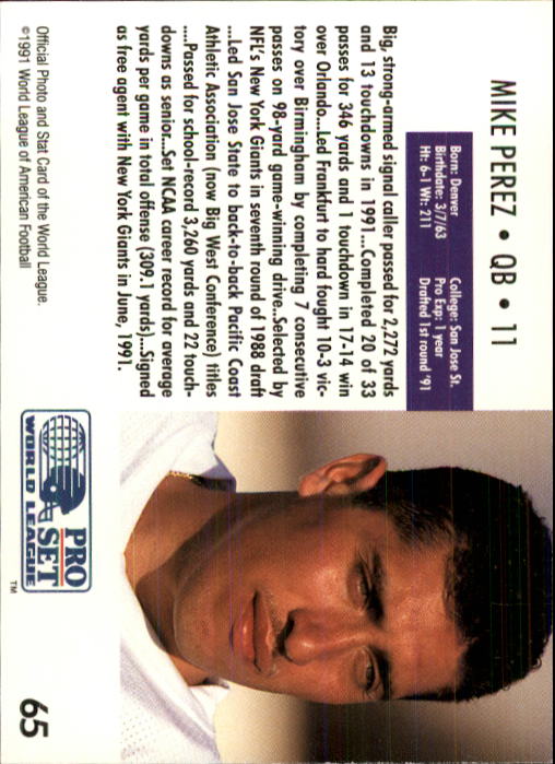 1991 Pro Set WLAF 150 #65 Mike Perez back image