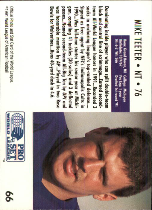 1991 Pro Set WLAF 150 #66 Mike Teeter back image