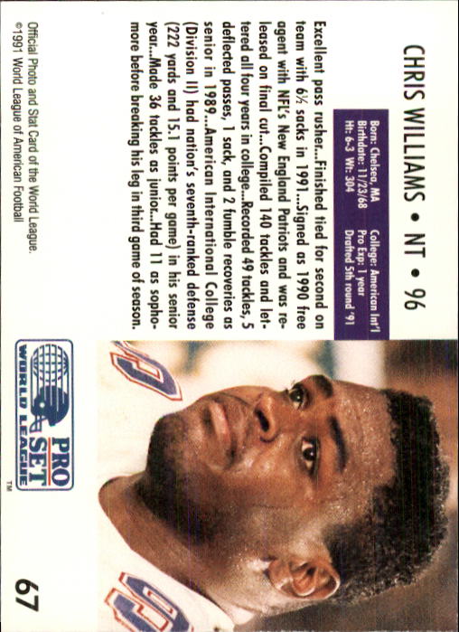 1991 Pro Set WLAF 150 #67 Chris Williams DT back image