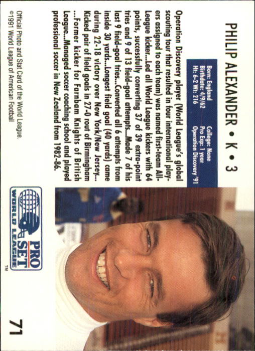 1991 Pro Set WLAF 150 #71 Phil Alexander back image