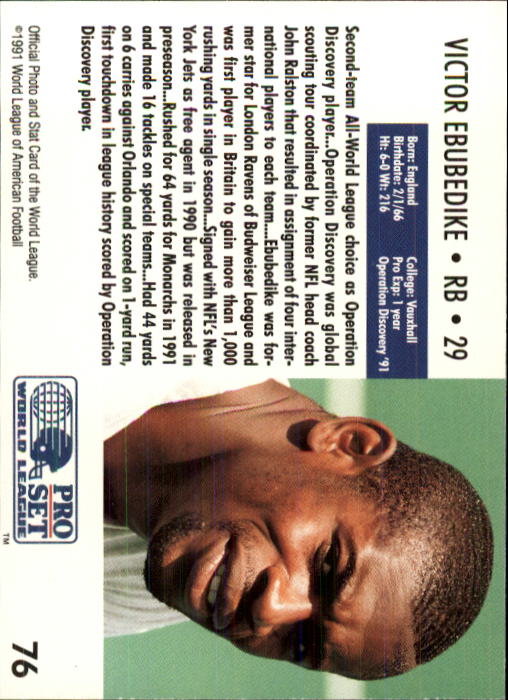 1991 Pro Set WLAF 150 #76 Victor Ebubedike back image