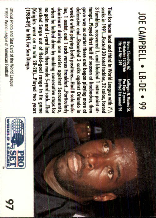 1991 Pro Set WLAF 150 #97 Joe Campbell LB back image