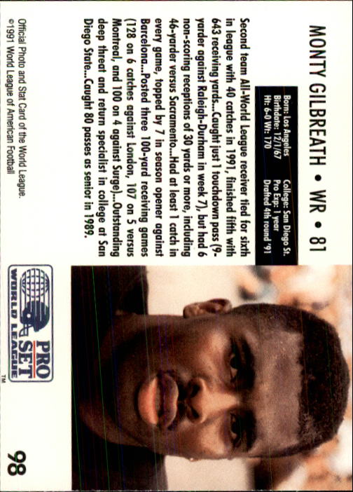 1991 Pro Set WLAF 150 #98 Monty Gilbreath back image