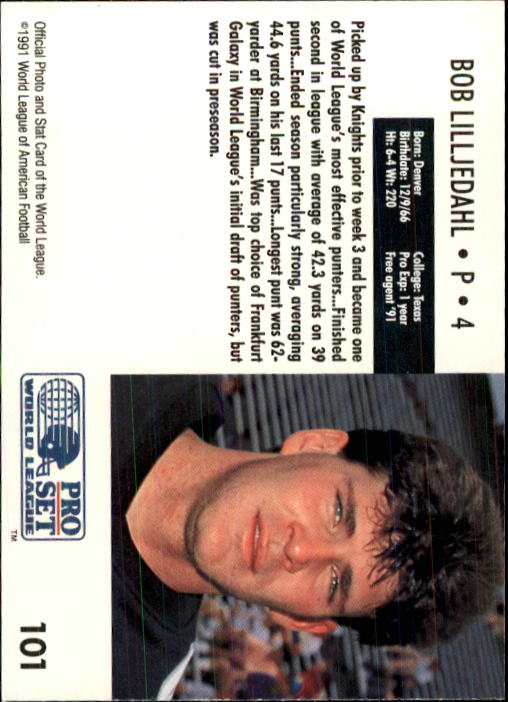 1991 Pro Set WLAF 150 #101 Bobby Lilljedahl - NM-MT - Ziggy's Eastpointe  Sportscards