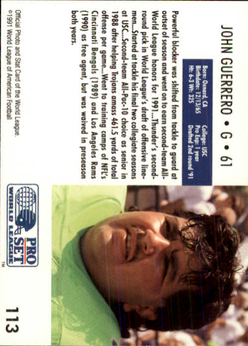 1991 Pro Set WLAF 150 #113 John Guerrero back image