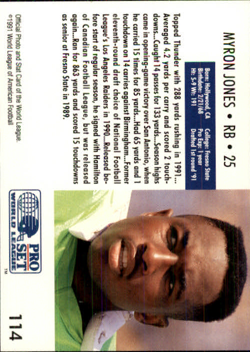 1991 Pro Set WLAF 150 #114 Myron Jones back image
