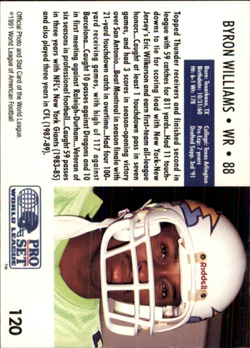 1991 Pro Set WLAF 150 #120 Byron Williams back image