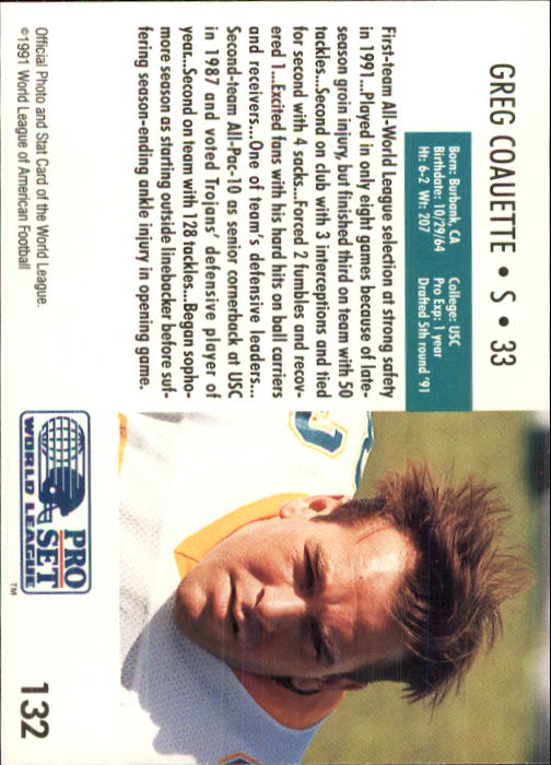 1991 Pro Set WLAF 150 #132 Greg Coauette back image