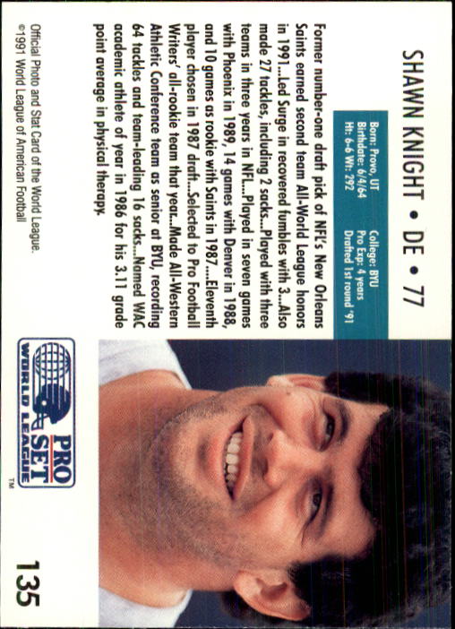 1991 Pro Set WLAF 150 #135 Shawn Knight back image