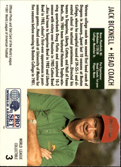 1991 Pro Set WLAF Inserts #3 Jack Bicknell CO back image