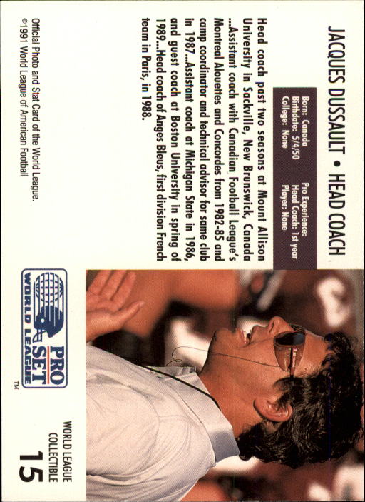 1991 Pro Set WLAF Inserts #15 Jacques Dussault CO back image