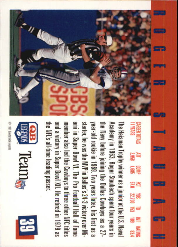 1991 Quarterback Legends #39 Roger Staubach back image