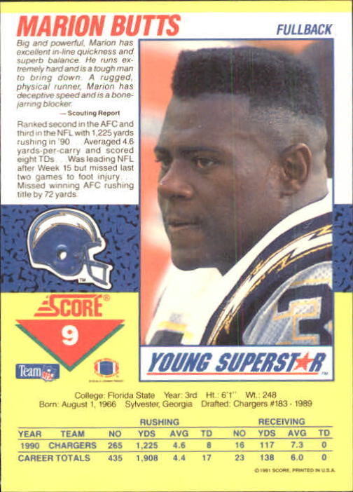 1991 Score Young Superstars #9 Marion Butts back image