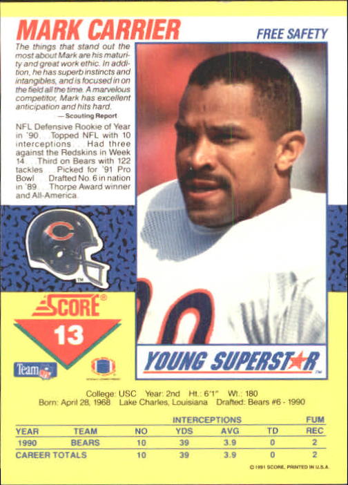 1991 Score Young Superstars #13 Mark Carrier DB back image