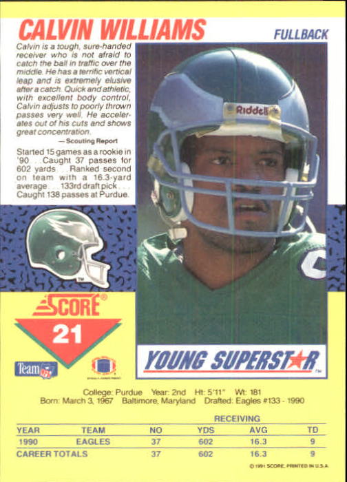1991 Score Young Superstars #21 Calvin Williams UER back image