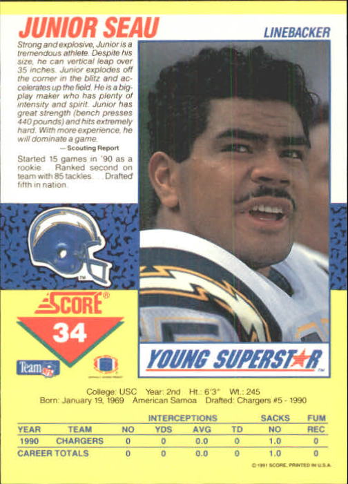 1991 Score Young Superstars #34 Junior Seau back image