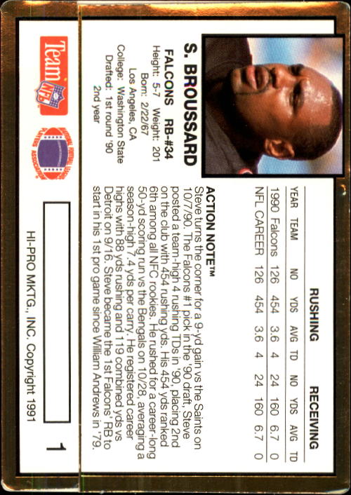1991 Action Packed #1 Steve Broussard back image
