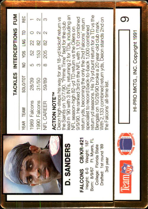 1991 Action Packed #9 Deion Sanders back image