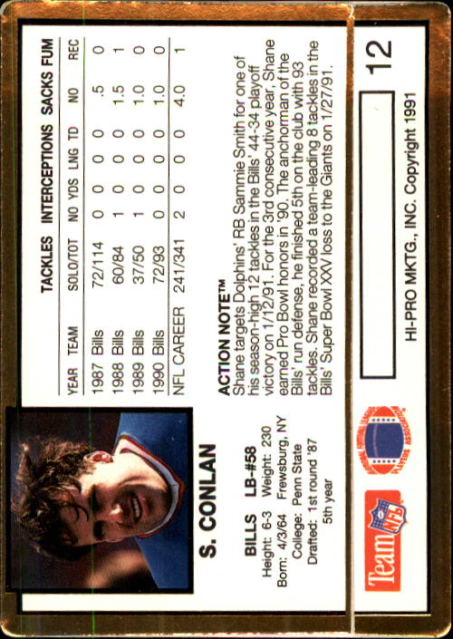 1991 Action Packed #12 Shane Conlan back image