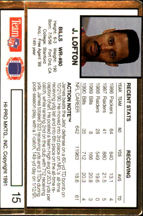 1991 Action Packed #15 James Lofton back image