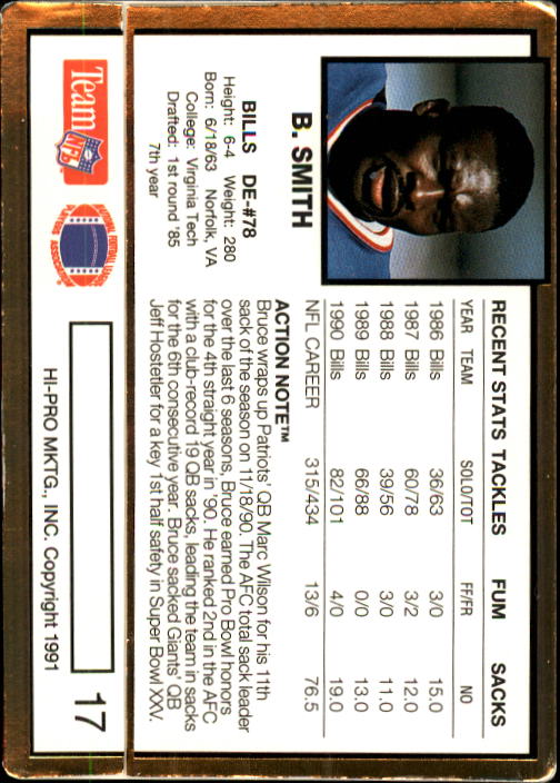1991 Action Packed #17 Bruce Smith back image
