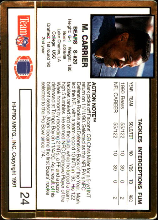 1991 Action Packed #24 Mark Carrier DB back image