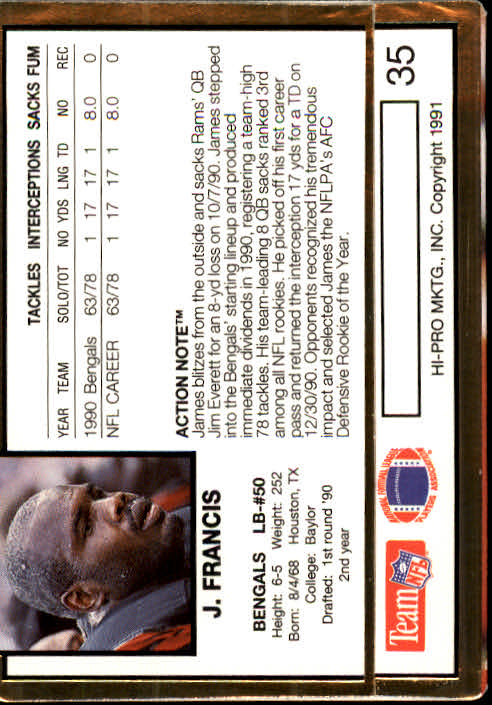 1991 Action Packed #35 James Francis back image
