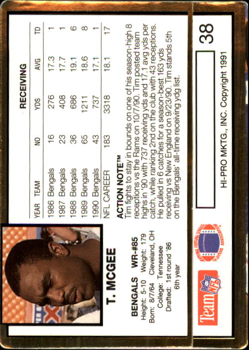 1991 Action Packed #38 Tim McGee back image