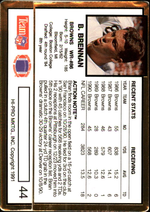 1991 Action Packed #44 Brian Brennan back image