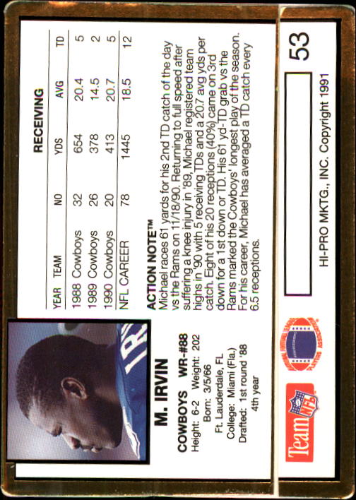 1991 Action Packed #53 Michael Irvin back image
