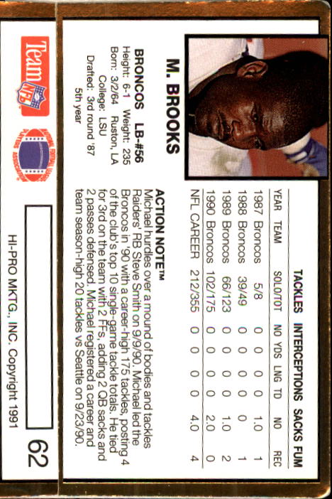 1991 Action Packed #62 Michael Brooks back image