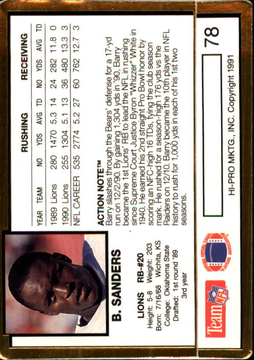 1991 Action Packed #78 Barry Sanders back image