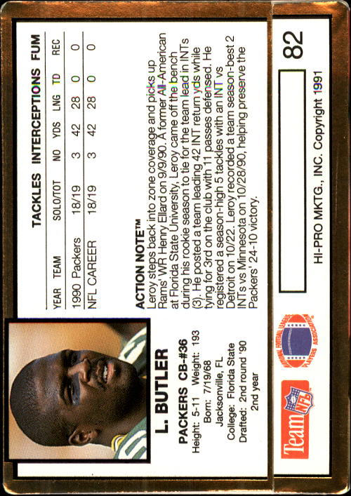 1991 Action Packed #82 LeRoy Butler back image