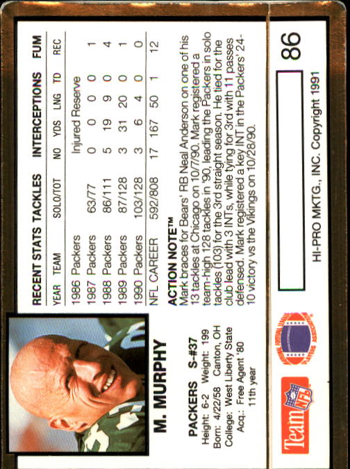 1991 Action Packed #86 Mark Murphy back image