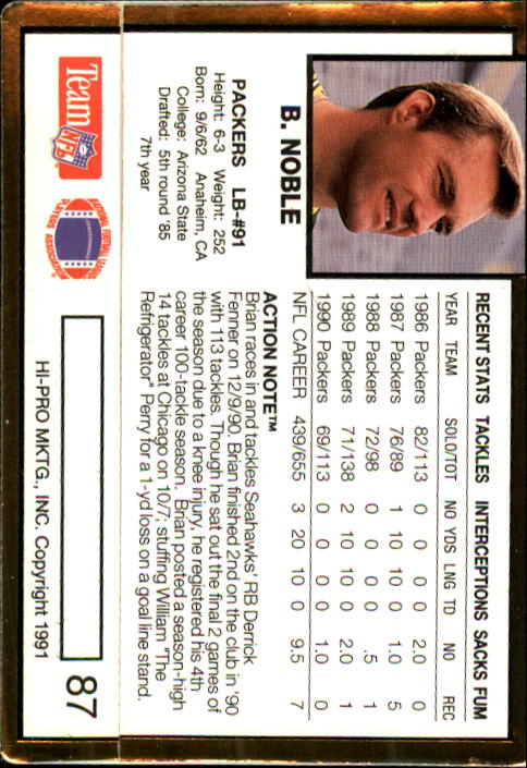 1991 Action Packed #87 Brian Noble back image