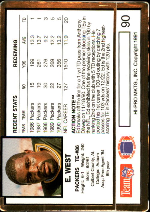 1991 Action Packed #90 Ed West back image