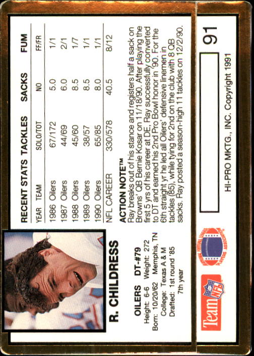 1991 Action Packed #91 Ray Childress back image