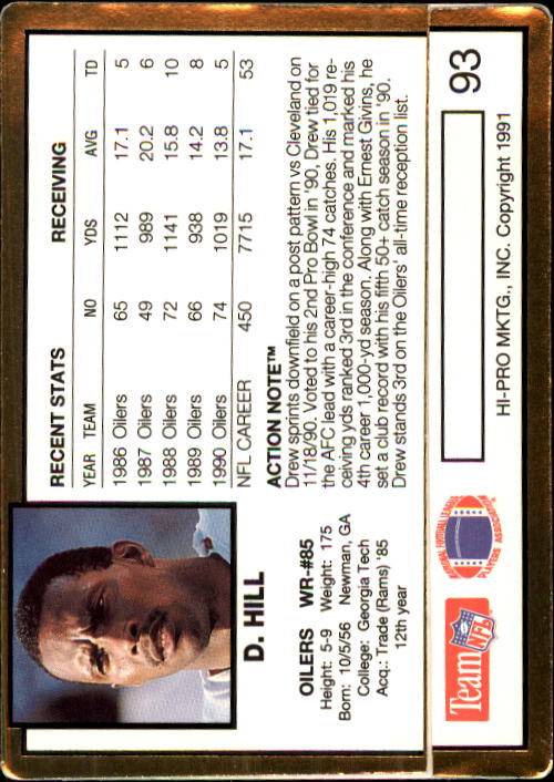1991 Action Packed #93 Drew Hill back image