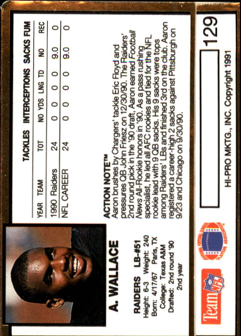 1991 Action Packed #129 Aaron Wallace back image