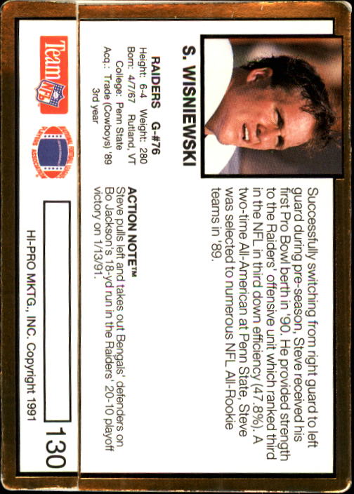 Steve Wisniewski 1990 ALL MADDEN TEAM Action Packed OAKLAND