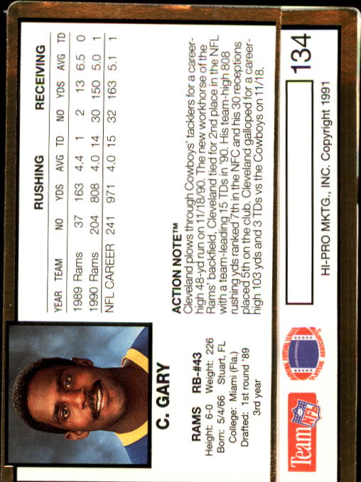 1991 Action Packed #134 Cleveland Gary back image