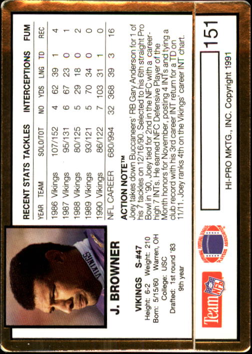 1991 Action Packed #151 Joey Browner back image