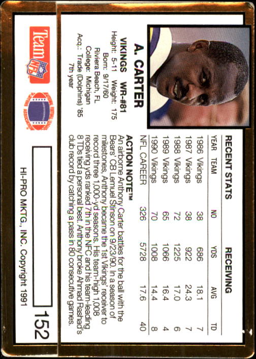 1991 Action Packed #152 Anthony Carter back image