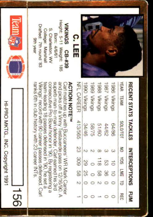 1991 Action Packed #156 Carl Lee back image