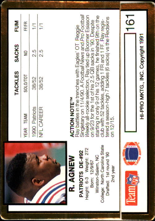 1991 Action Packed #161 Ray Agnew back image