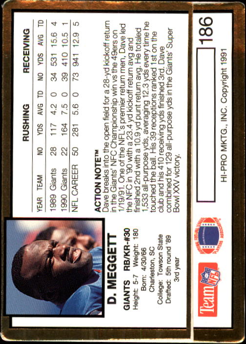 1991 Action Packed #186 Dave Meggett back image