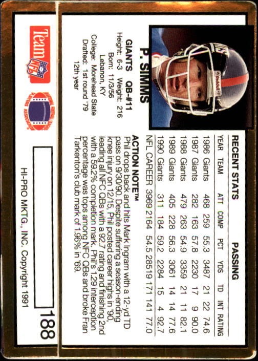 1991 Action Packed #188 Phil Simms back image