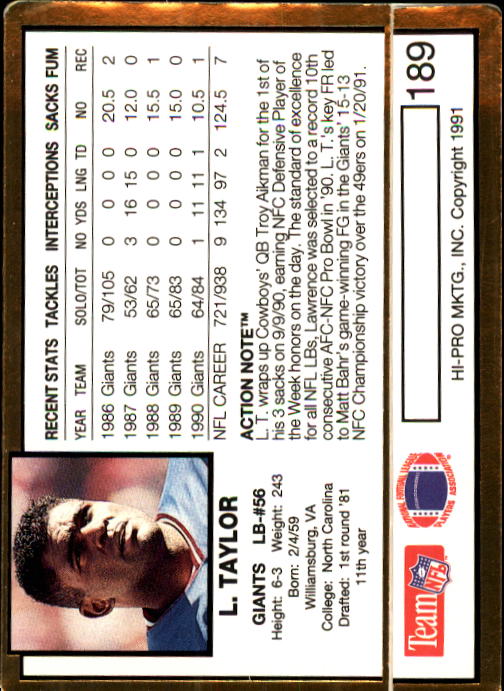 1991 Action Packed #189 Lawrence Taylor back image